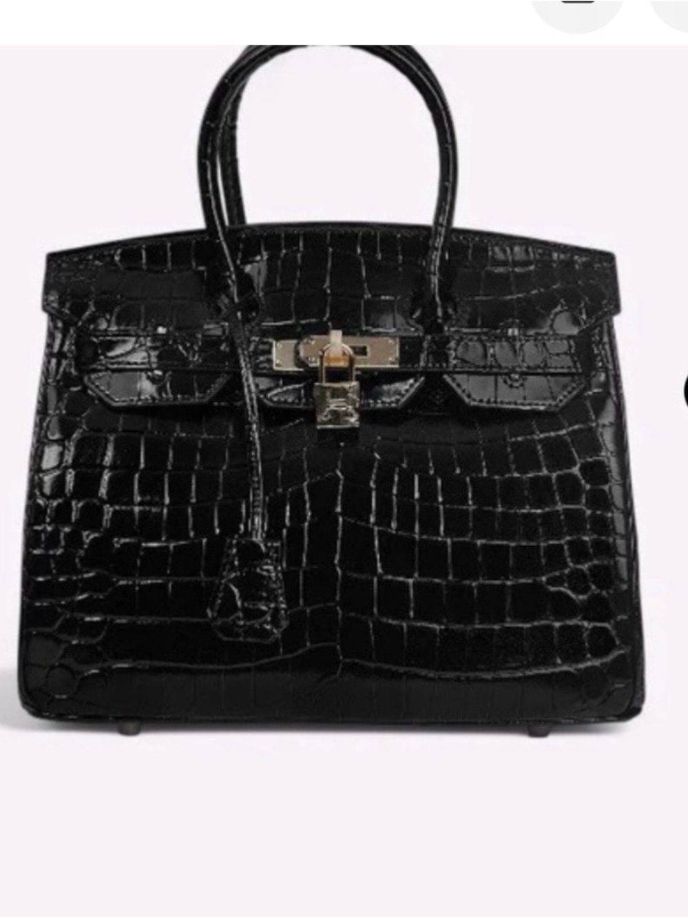 Black Croc-Embossed Leather Top-Handle Bag. 25CM